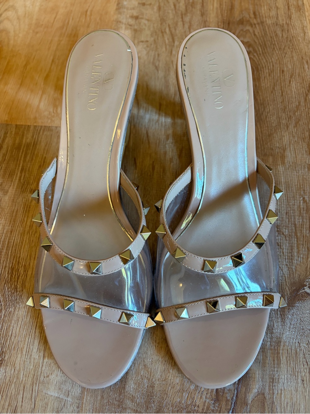 Valentino Garavani Nude Patent Rockstud Slide Wedge with Gold Studs